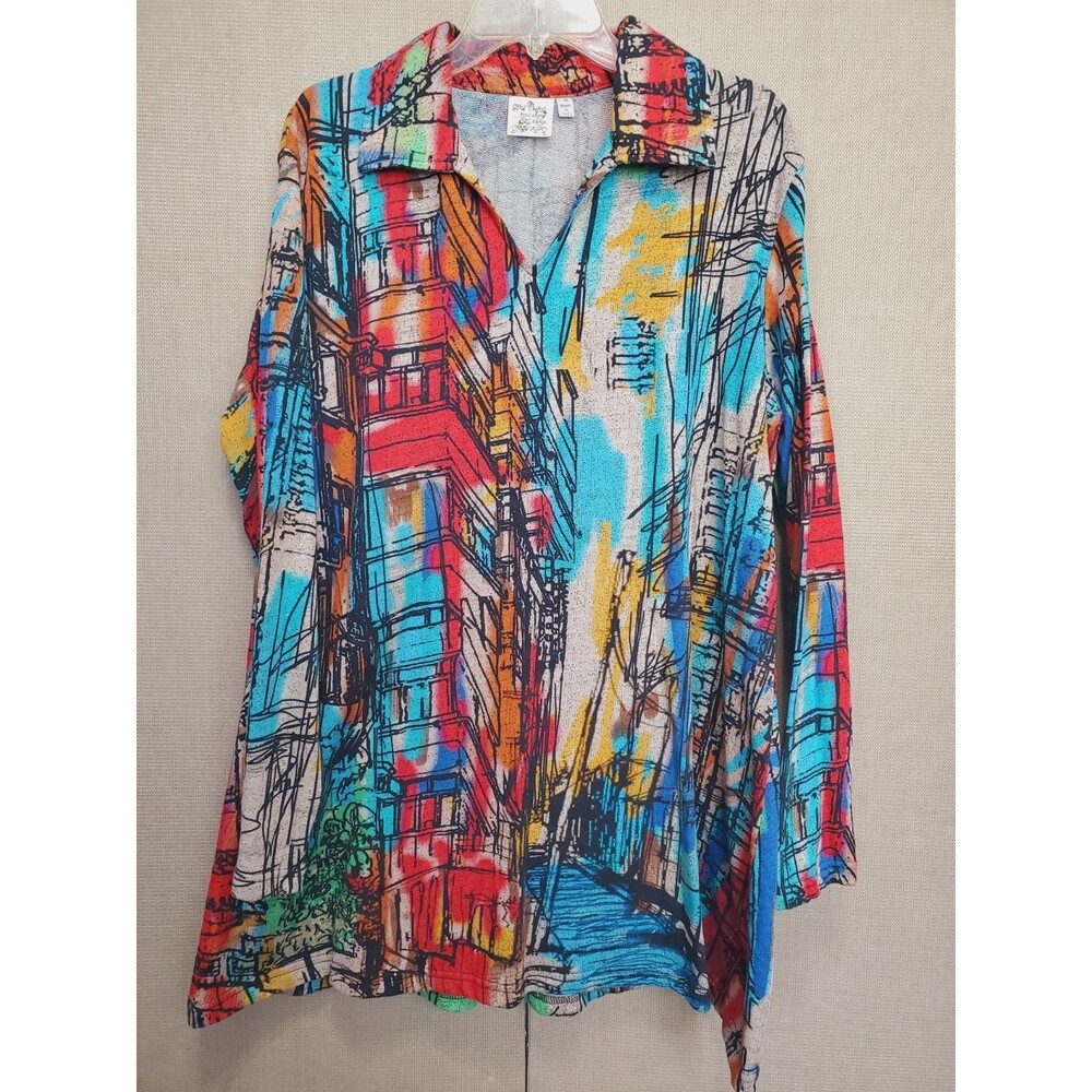 Parsley & Sage Artsy Cityscapes Long Sleeve Knit Tunic Size Xl Art to Wear